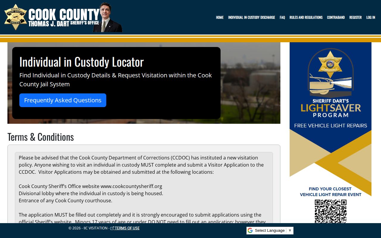Cook County CCDOC Individual in Custody Locator for current custody and booking records