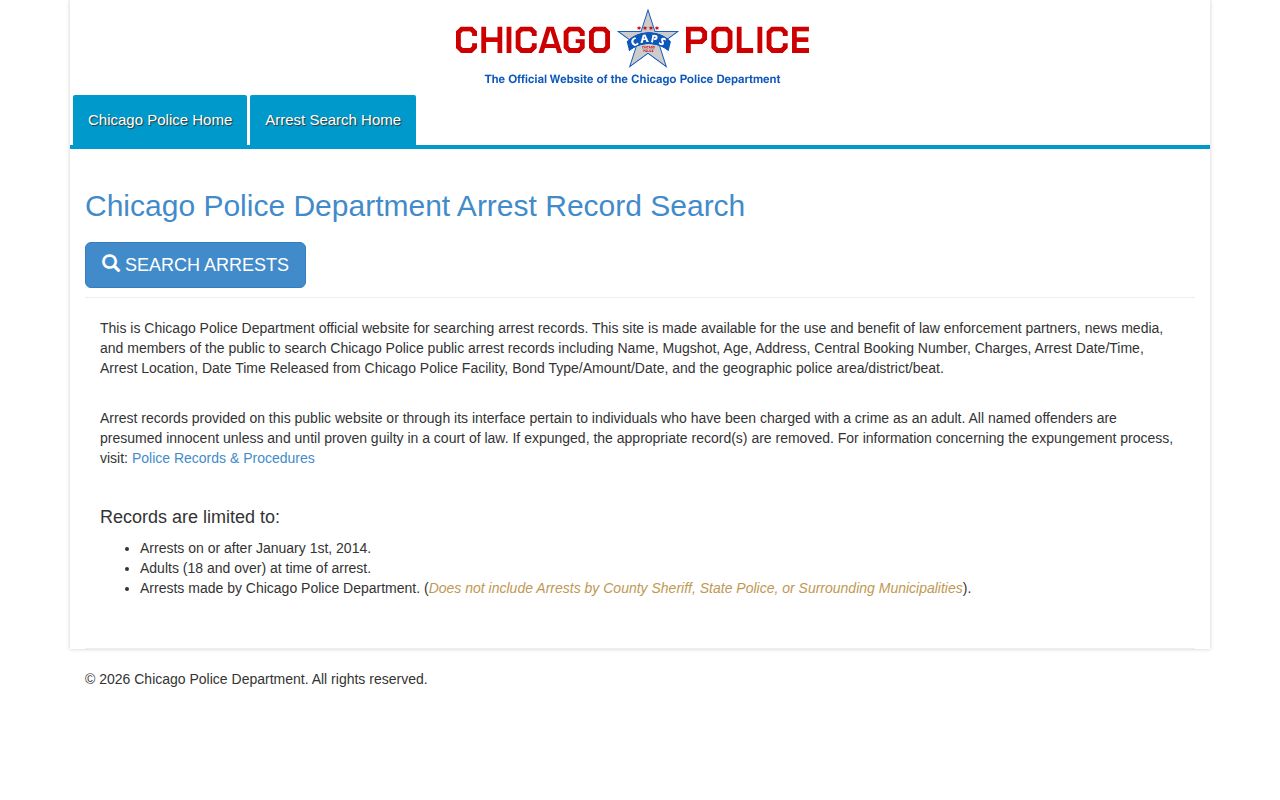 Chicago Police Department adult arrest search for city arrest records
